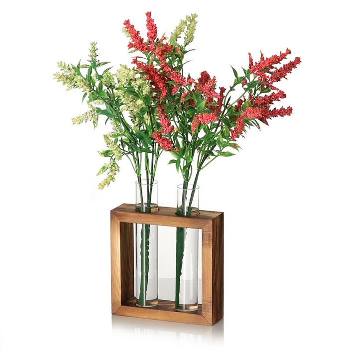 فازة خشبية مع فتحات زجاجية للنباتات الطبيعية-KR130222