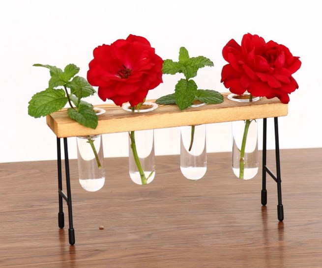 فازة خشبية مع فتحات زجاجية للنباتات الطبيعية-KR130217