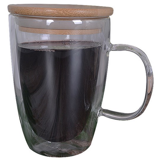 Coffee glass vaccum wood lid mug 370ml