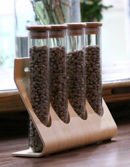 عدد 4 حاويات زجاجية لحفظ القهوة بقاعدة خشبية-KR011589