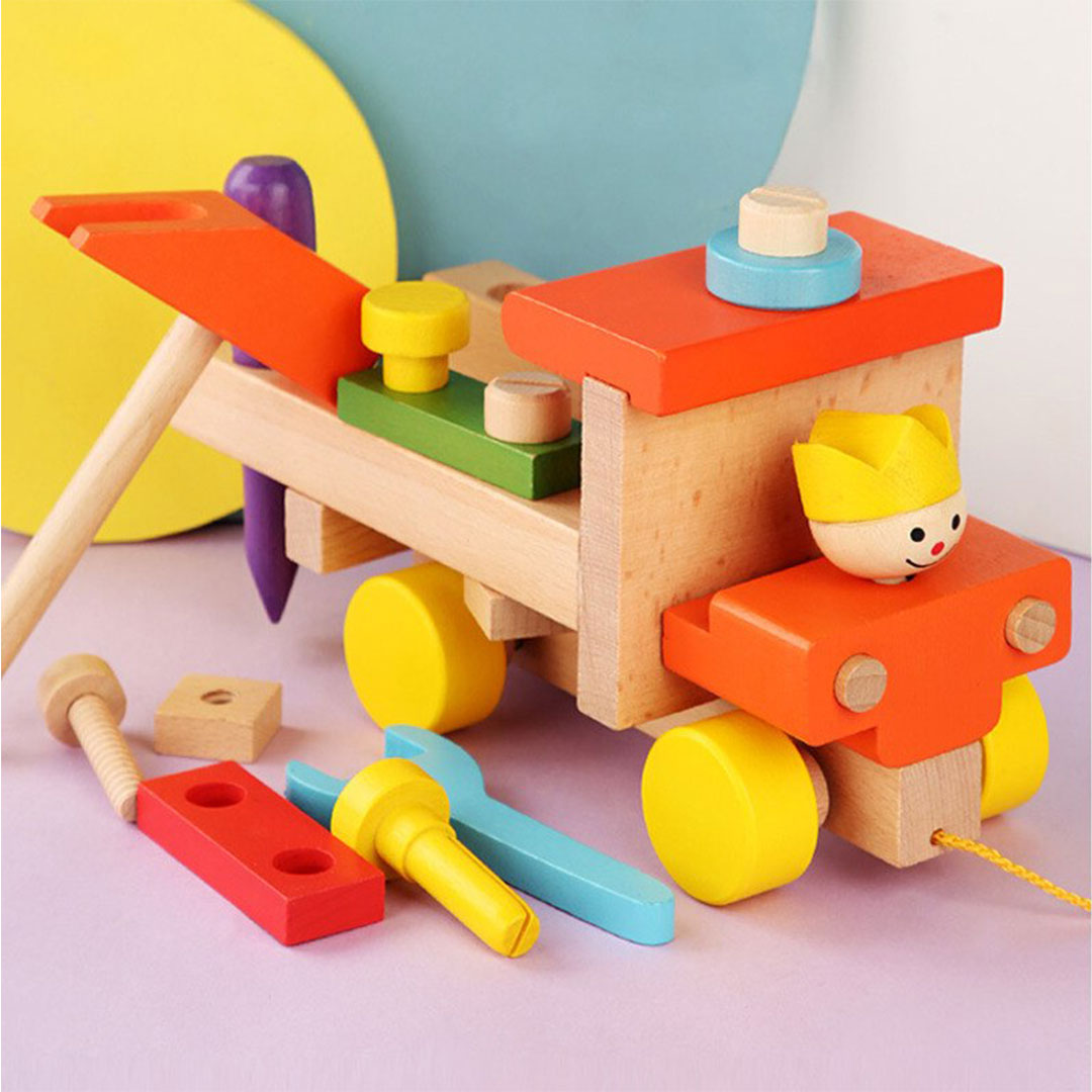 لعبة تعليمية خشبية للأطفال على شكل عربة ملونة   KF193-KR110076