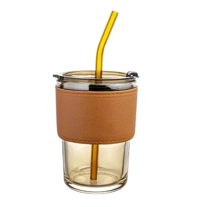 glass cup with straw and cover brown G-1420 450ml