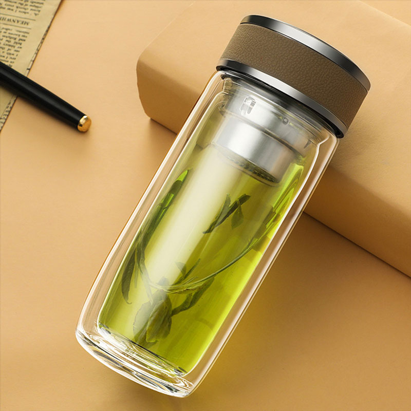 كوب حراري زجاجي مزدوج الجدار لون بني 400 مل-KR012018