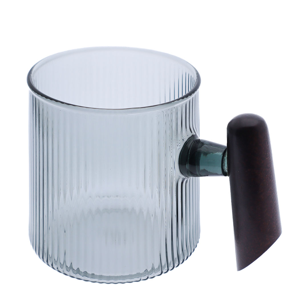 Coffee glass cup wooden handle smoke black 450 ML-KR012528