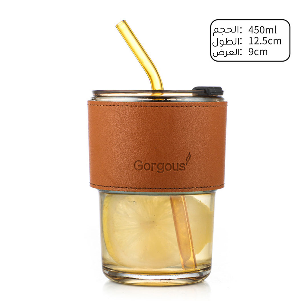 Coffee cup with straw leather holder clear 450ml-KR012605