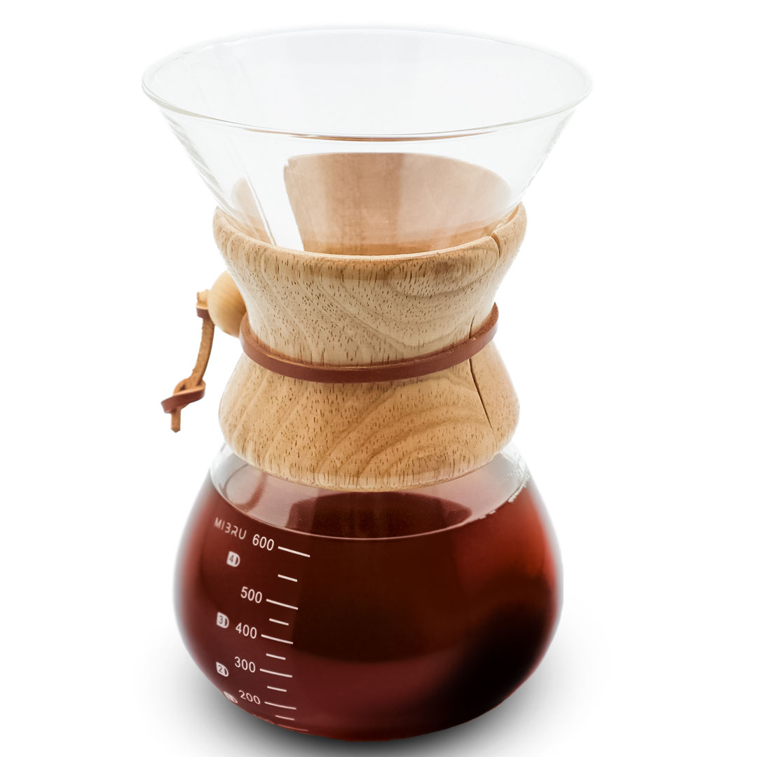 COFFEE GLASS DRIP POT WOOD NECK 600ML WIDE MOUTH