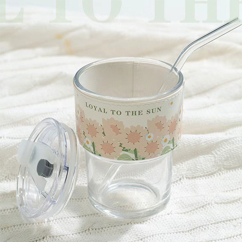 Coffee glass cup with cover and straw G-1363
