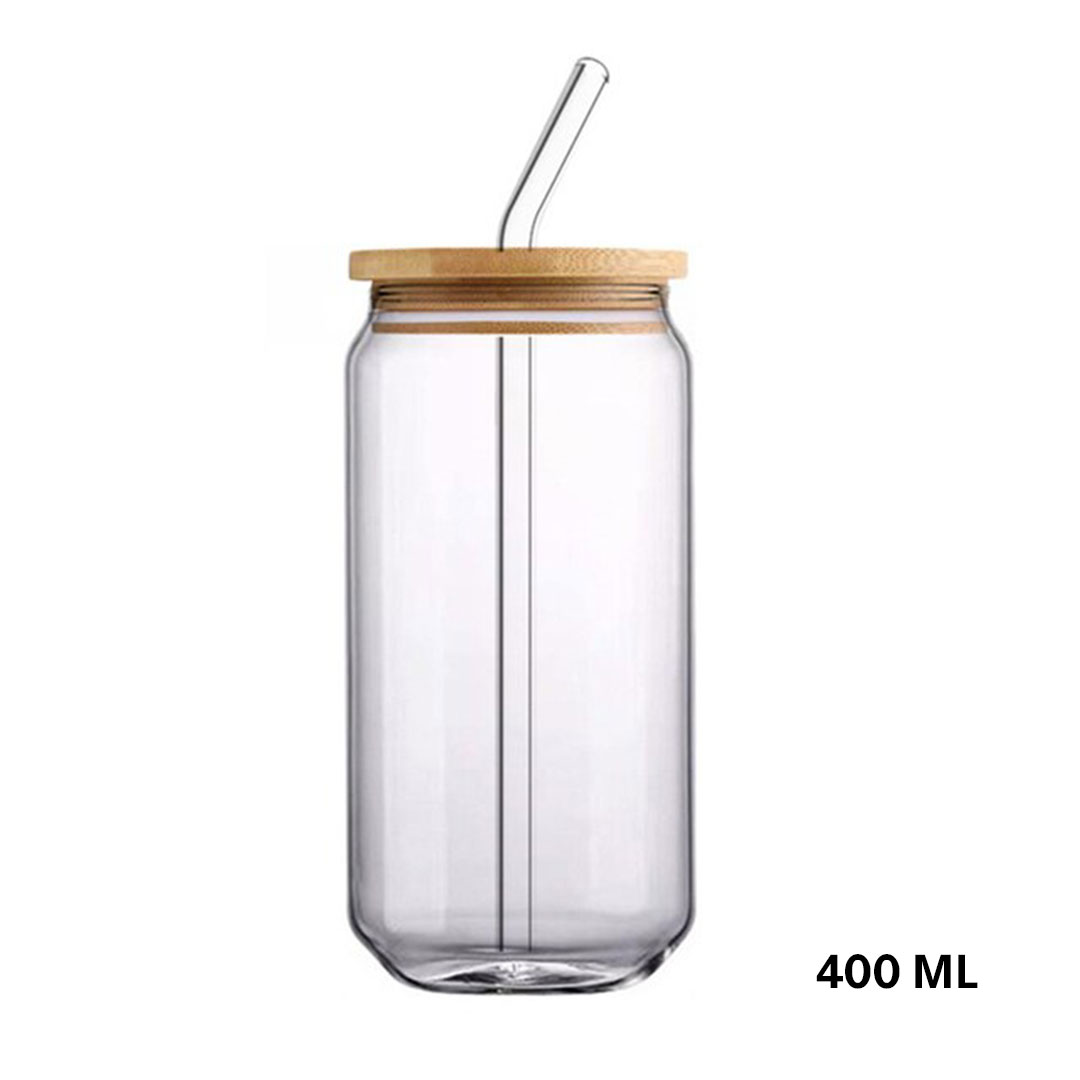 Juice glass jar wood lid with straw 400ml G-1402