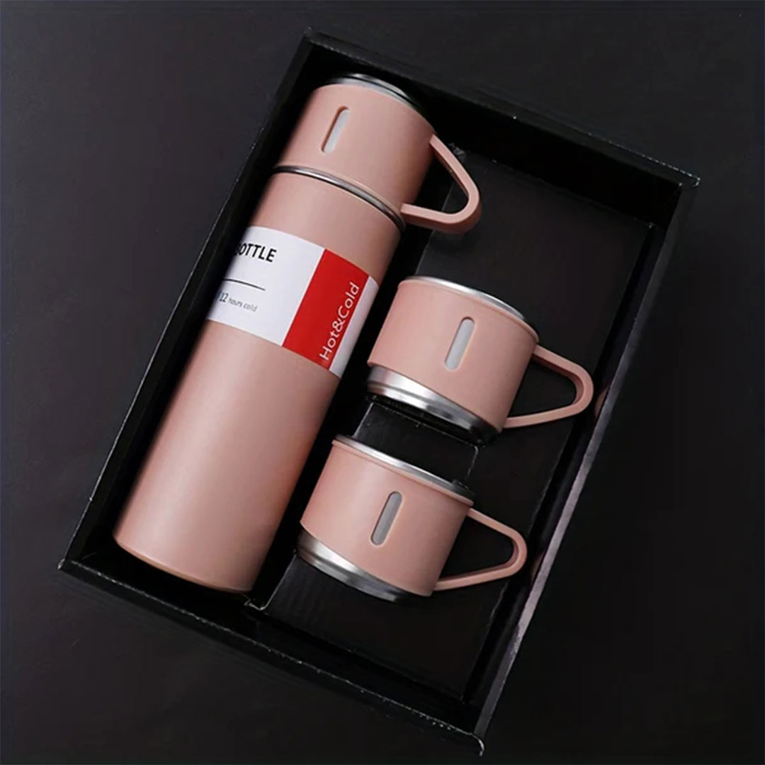 Coffee and tea vacuum bottle with 3 cups 500ml pink