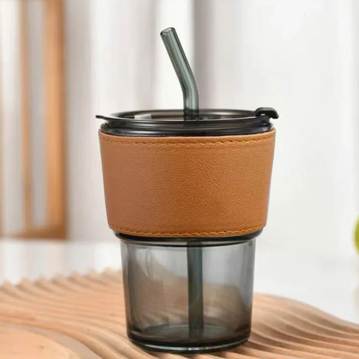 glass cup with straw and cover black G-1420 450ml