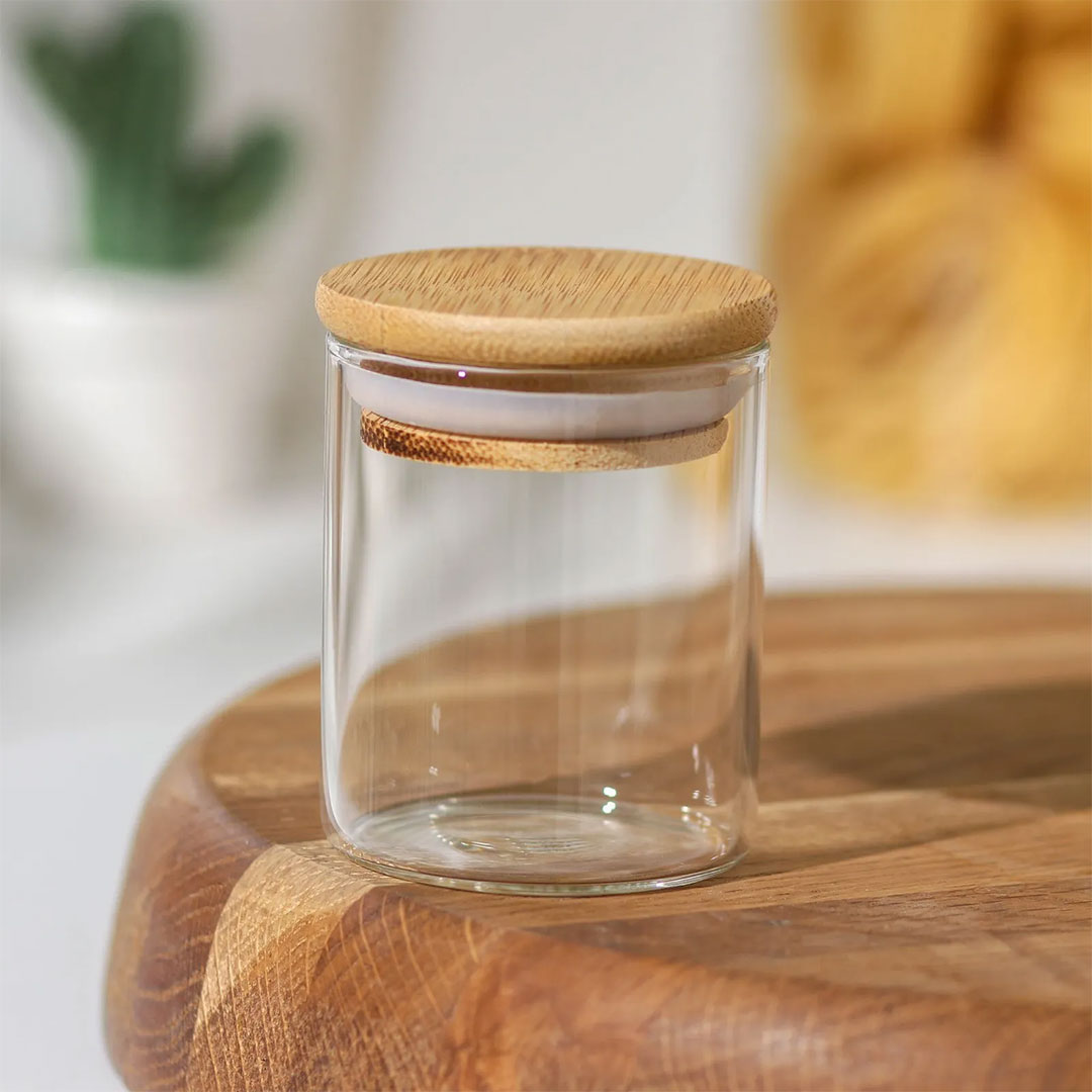 وعاء زجاجي مع غطاء خشبي 5.5x8cm