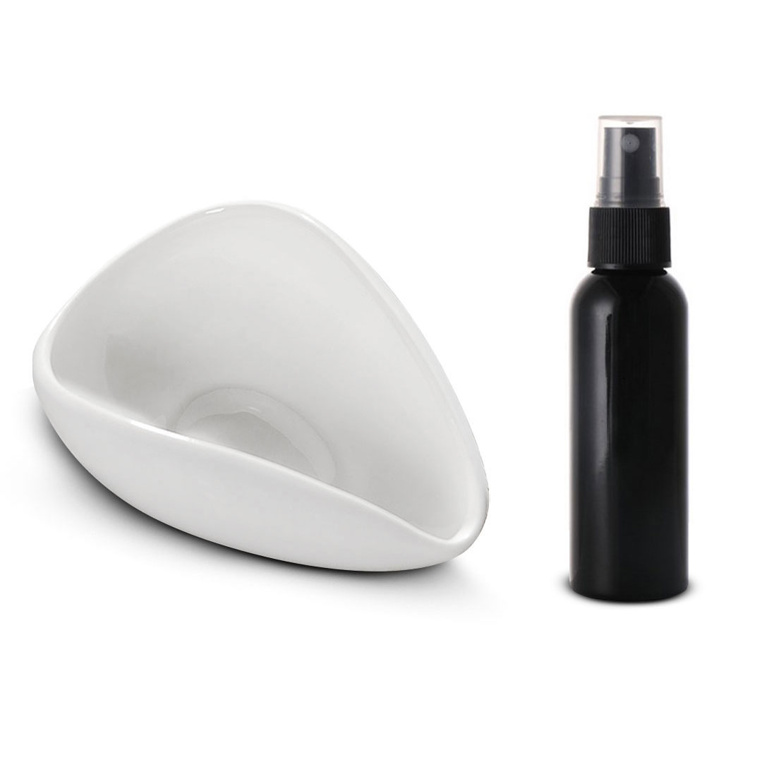 Coffee and tea ceramic doser plate white from mibru with Spray plastic can 30ml J-1098