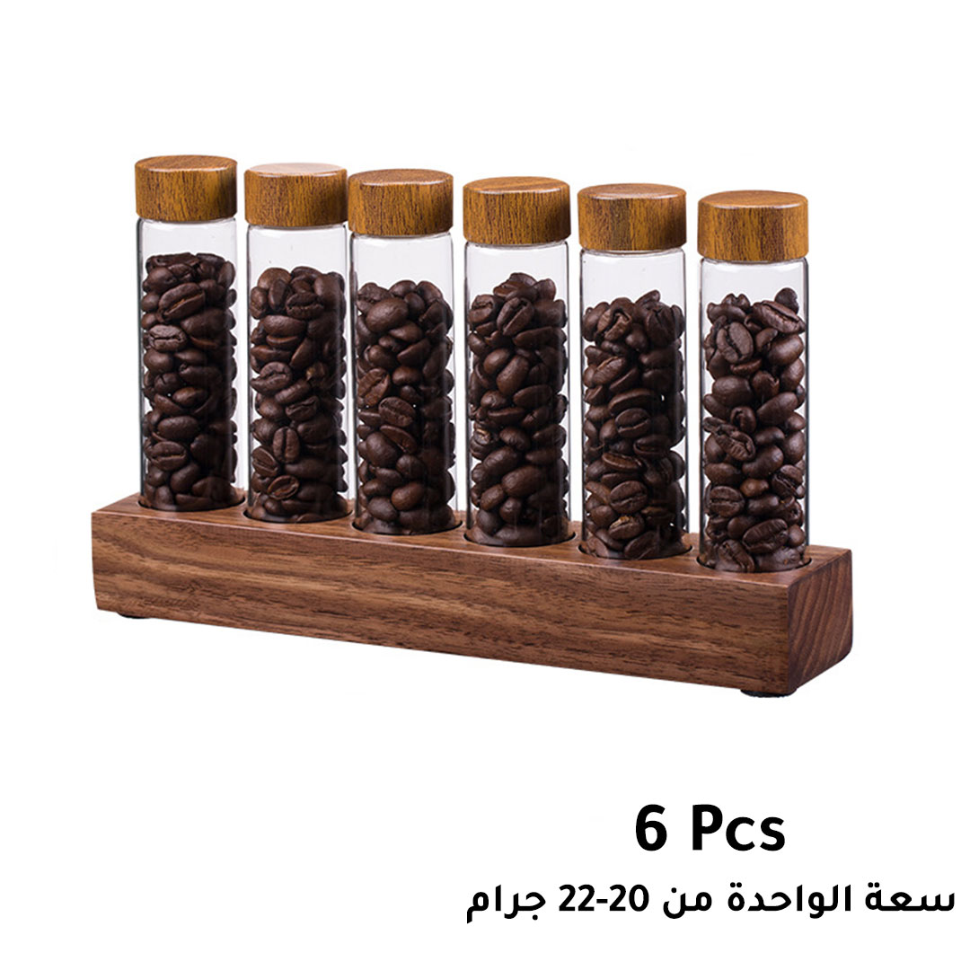 Coffee single dose bottles set 6pcs with wood base