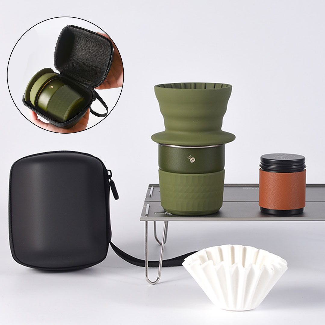 مجموعة شخصية للقهوة المقطرة قمع و كاس و فلاتر و عبوة بن مع شنطة