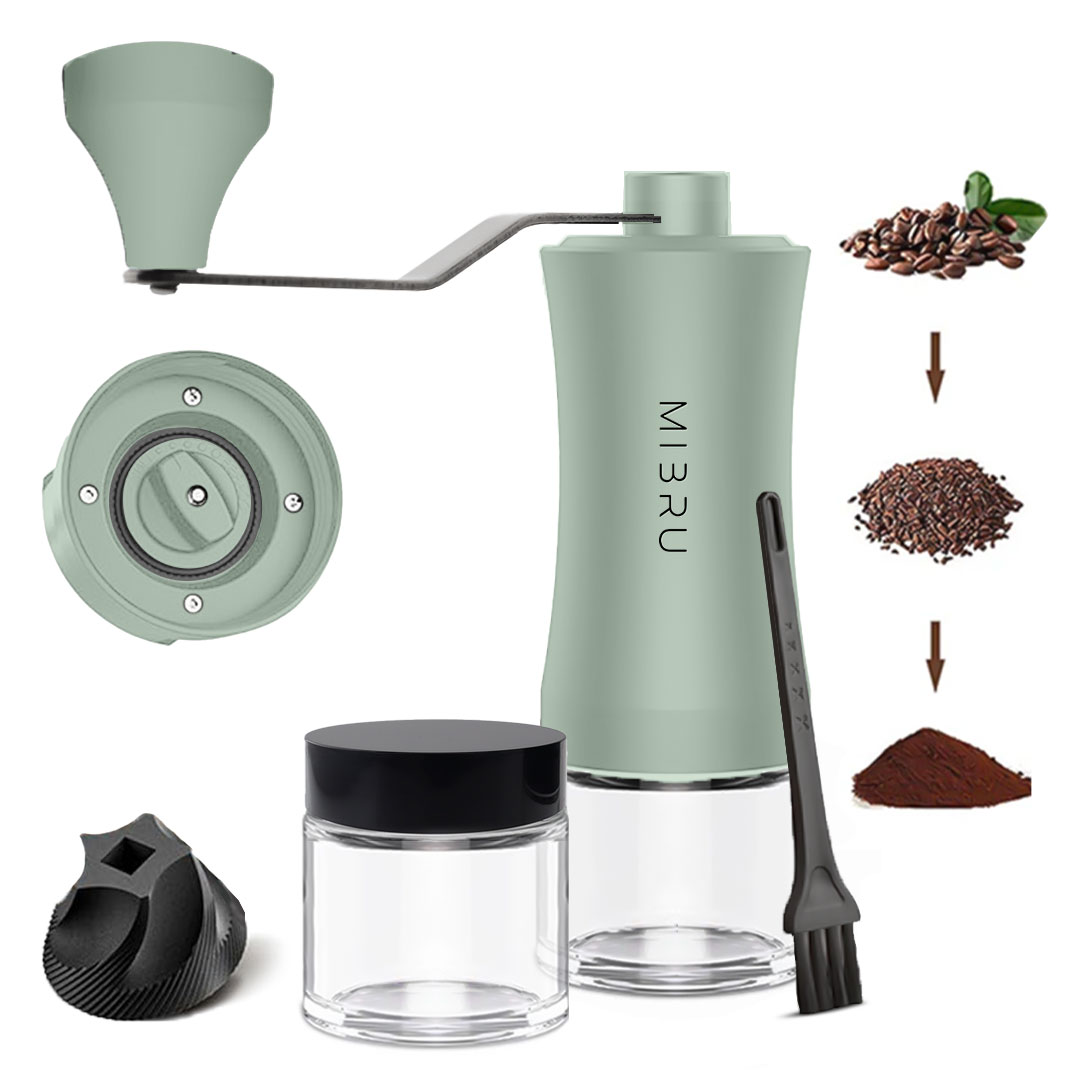 طاحونة قهوة يدوية مع عبوة زجاجية لحفظ البن من ميبرو لون سيج