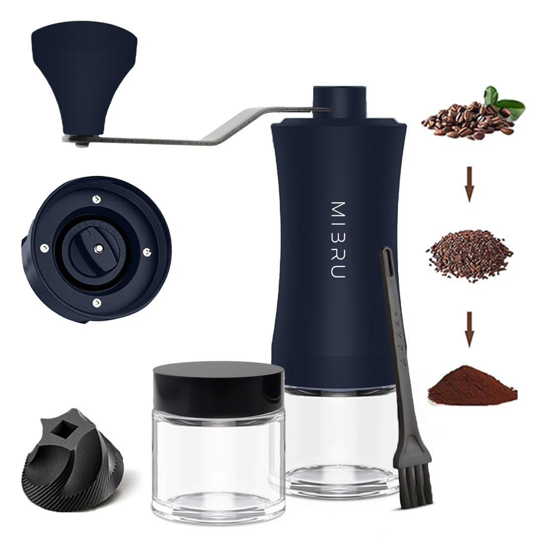 طاحونة قهوة يدوية مع عبوة زجاجية لحفظ البن من ميبرو لون دينم 