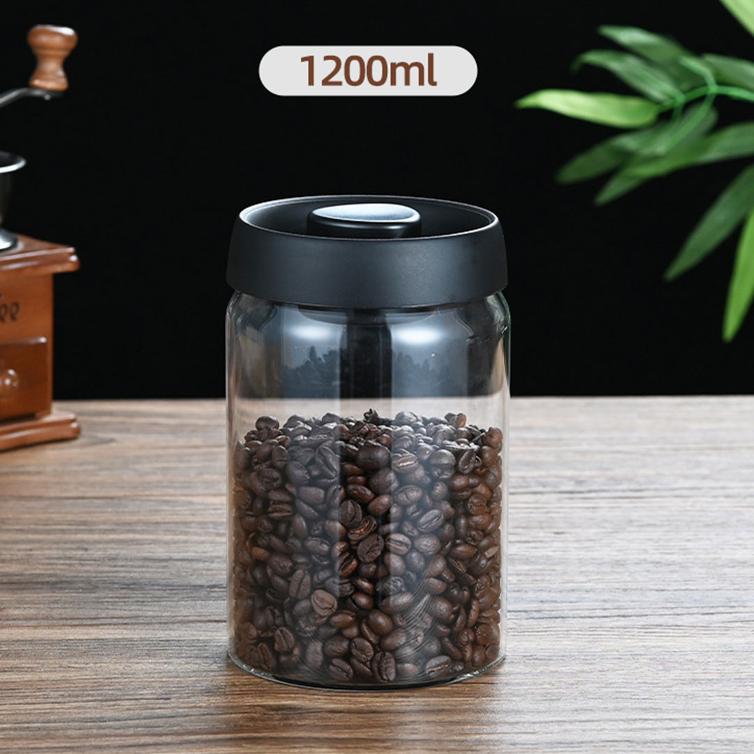 Coffee beans glass container with air valve 1200ml black  J-1845