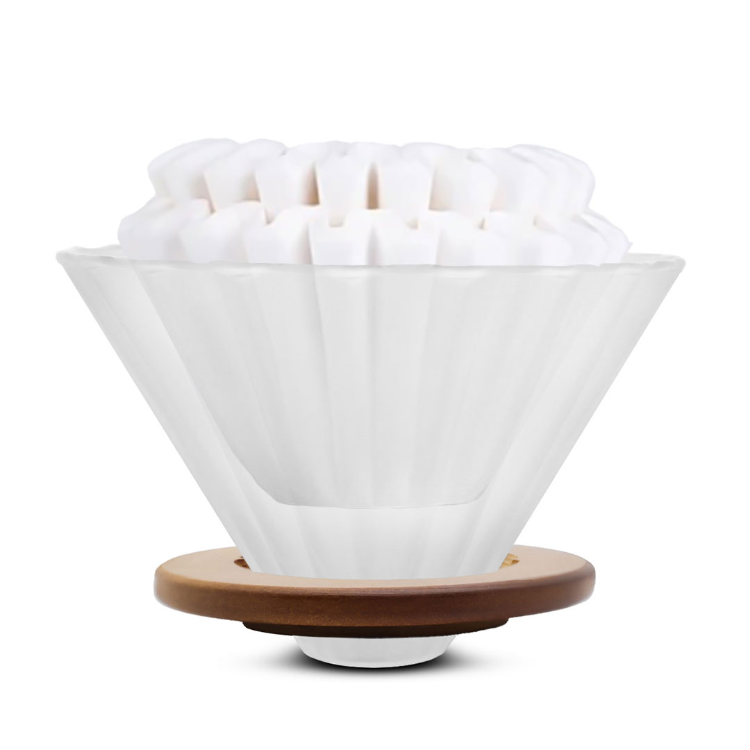 Coffee glass dripper v01 155mm with brown wood ring  with 30pcs filter