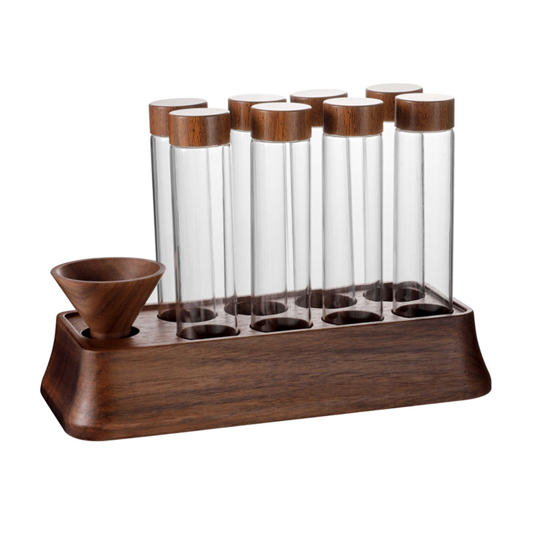 Coffee single dose set of 8 bottles with wood stand J-2475
