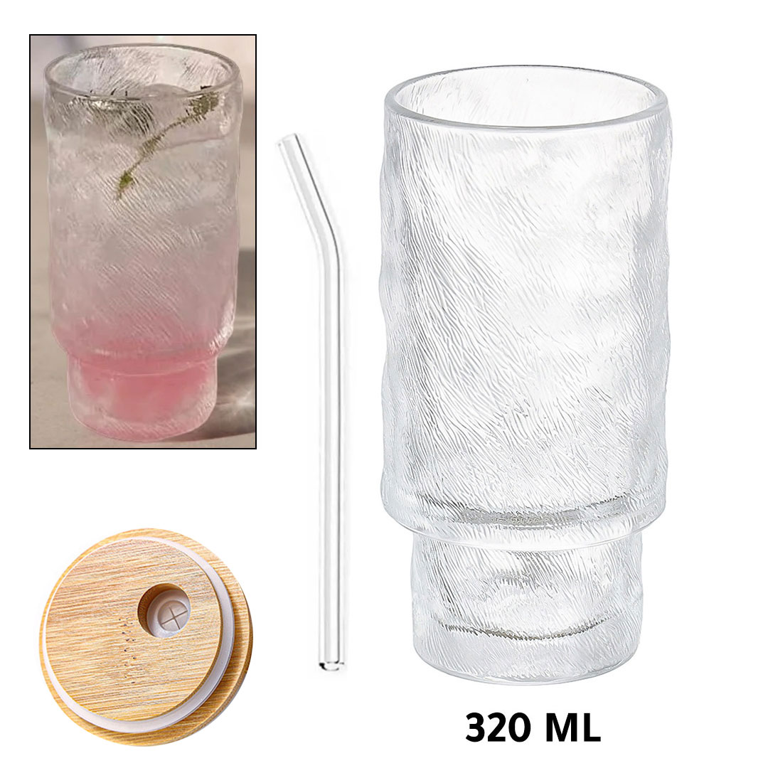 كاس زجاجي 320مل نع غطاء و ماصة زجاجية