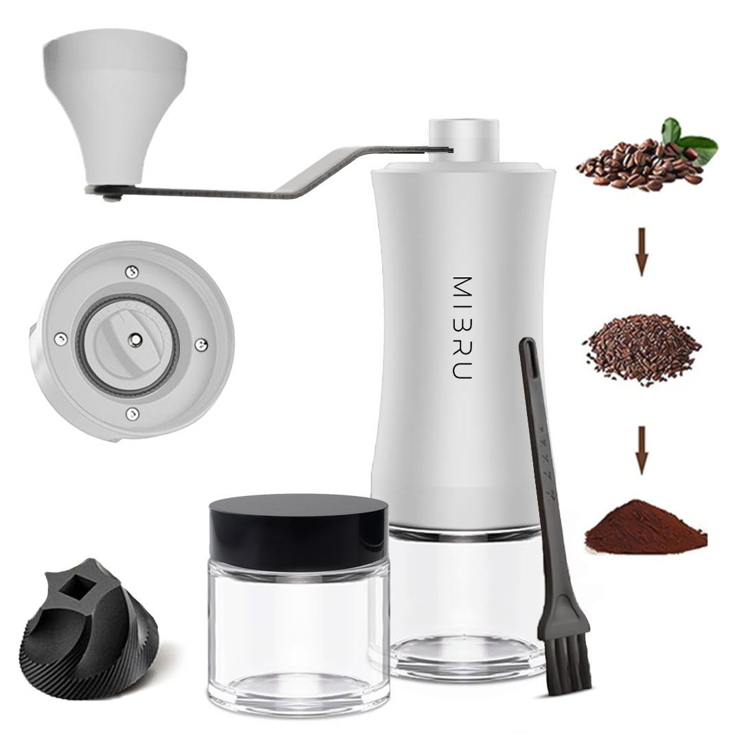 طاحونة قهوة يدوية مع عبوة زجاجية لحفظ البن من ميبرو لون ابيض