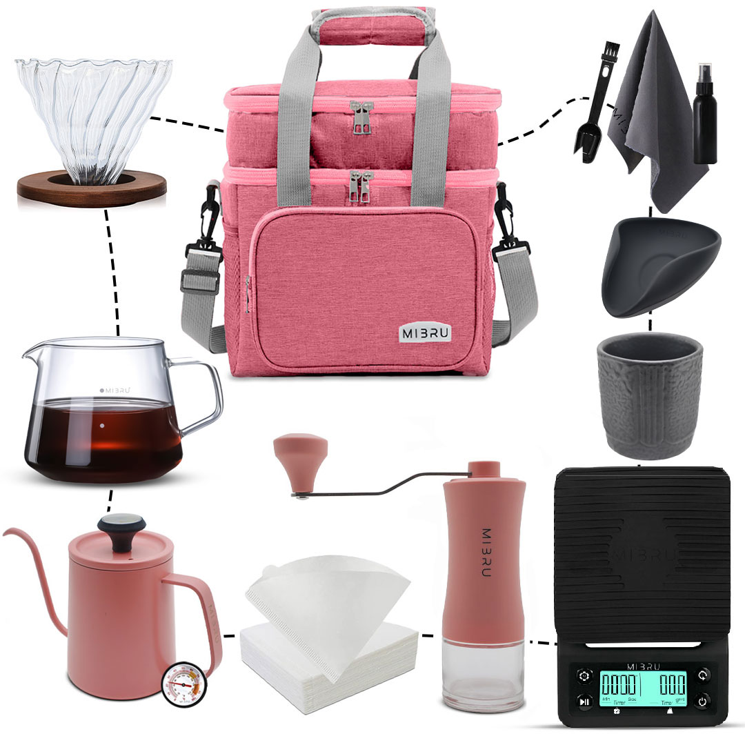 Coffee set for v60 drip coffee 11-in-1 with pink bag from mibru