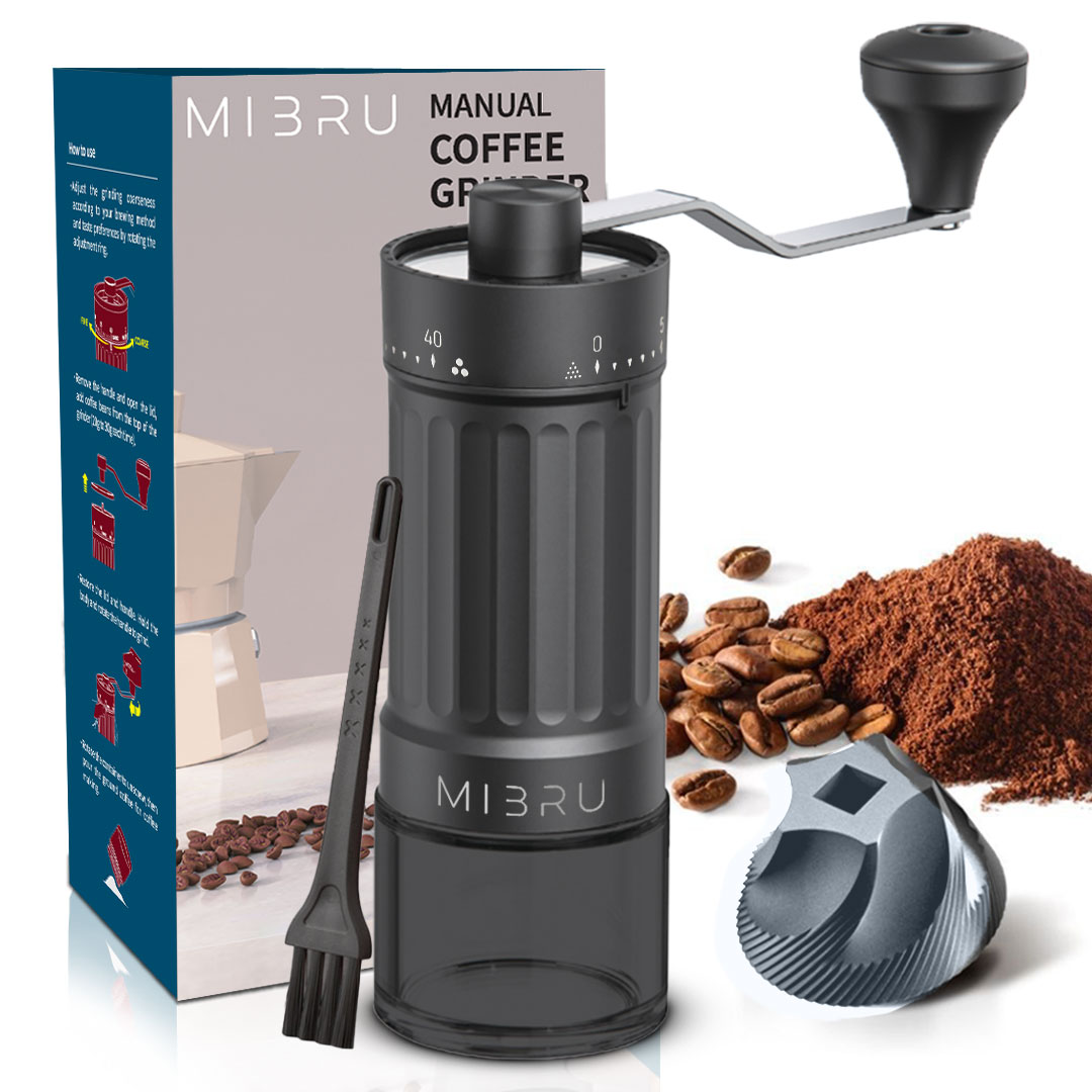مطحنة قهوة يدوية بترس سيراميك اسود و تحكم خارجي بالطحن