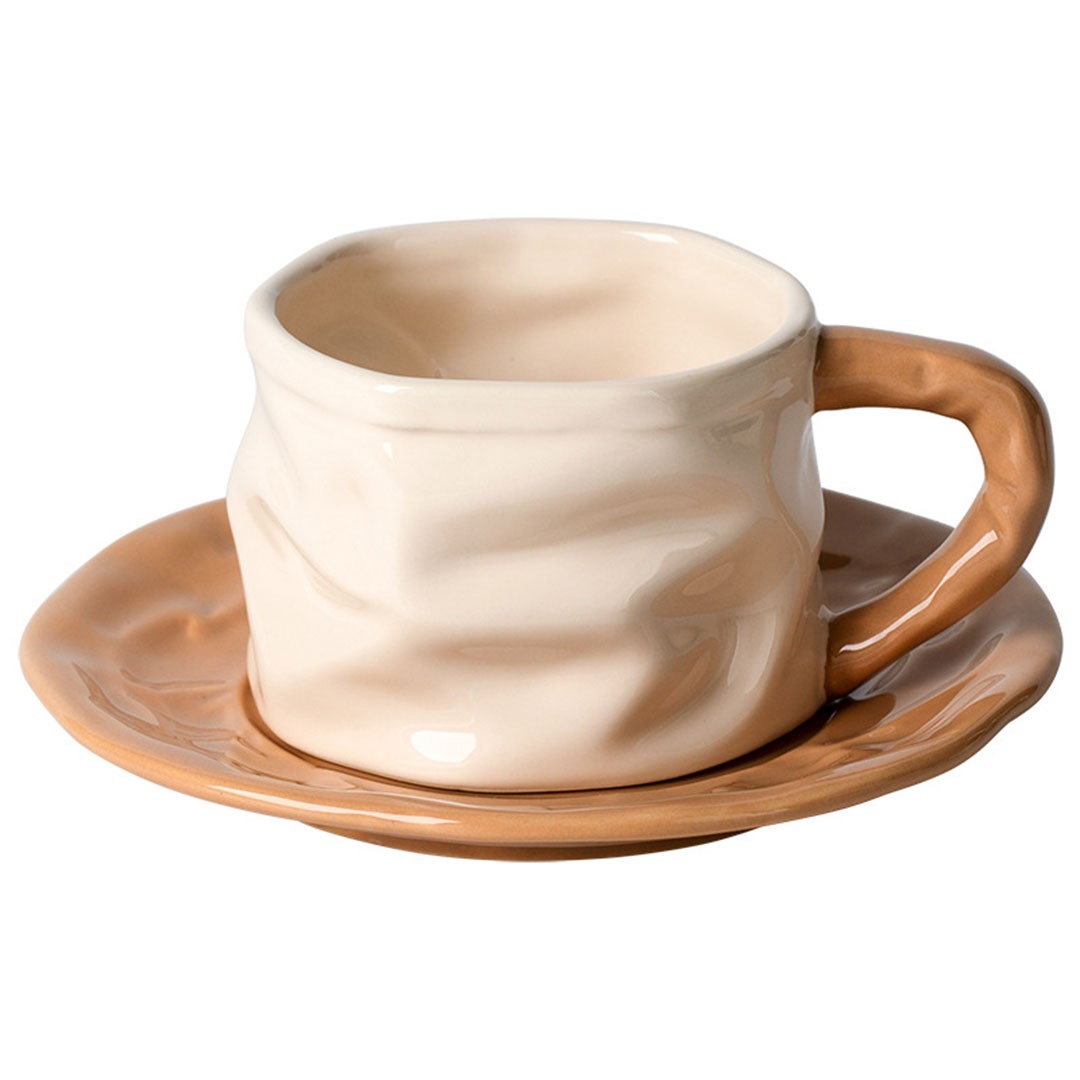Ceramic coffee cup and saucer with round beaded spoon (milk tea color)