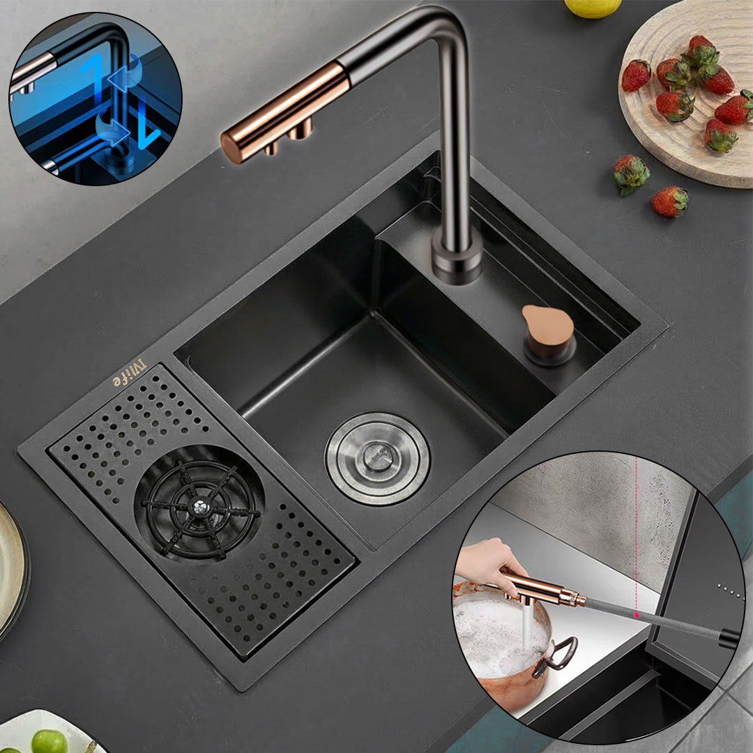 Coffee bar sink with rinser 45X30 removable cover nano Black full set ( Faucet changed to other model )