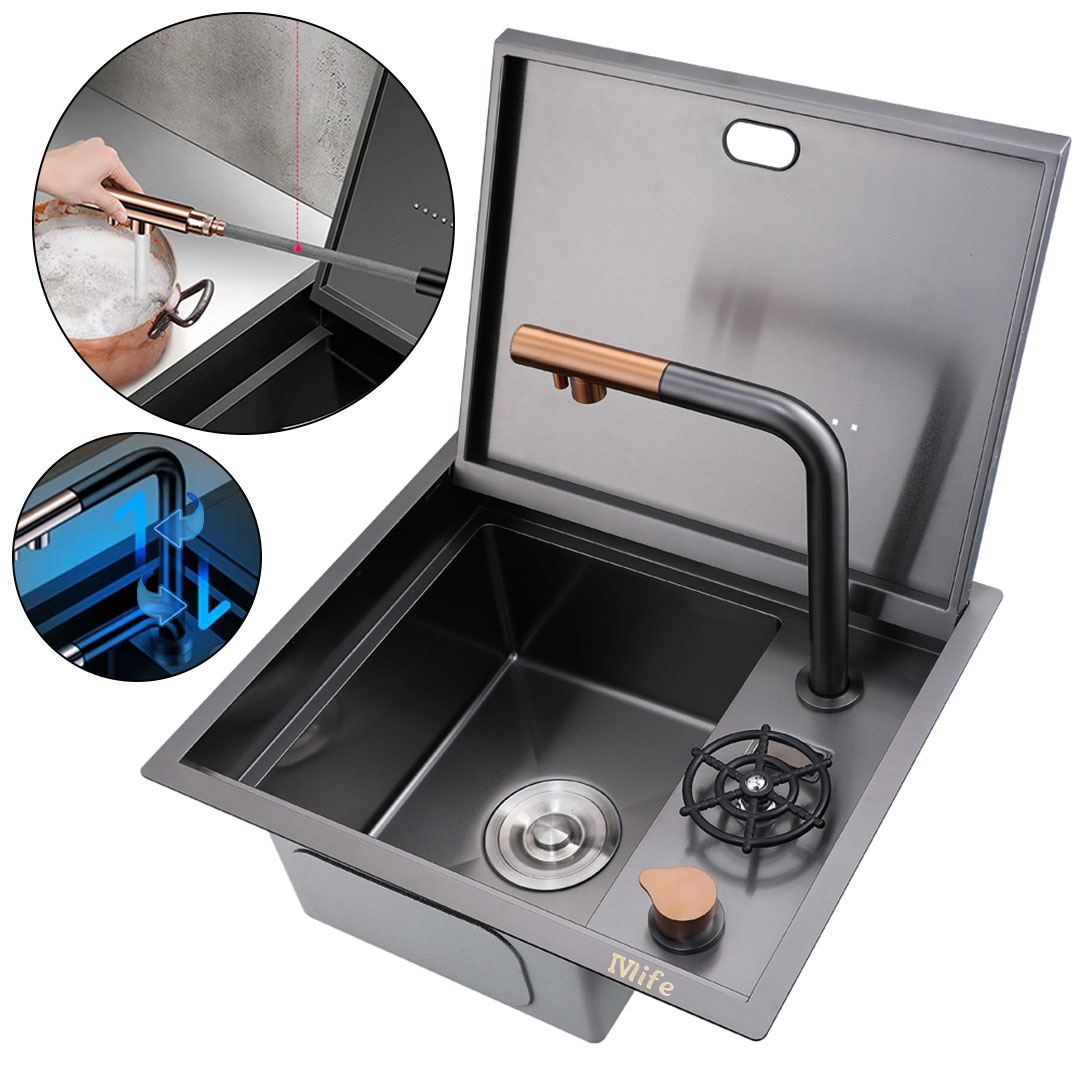 Coffee bar sink with rinser flip cover 49X34 nano Black full set